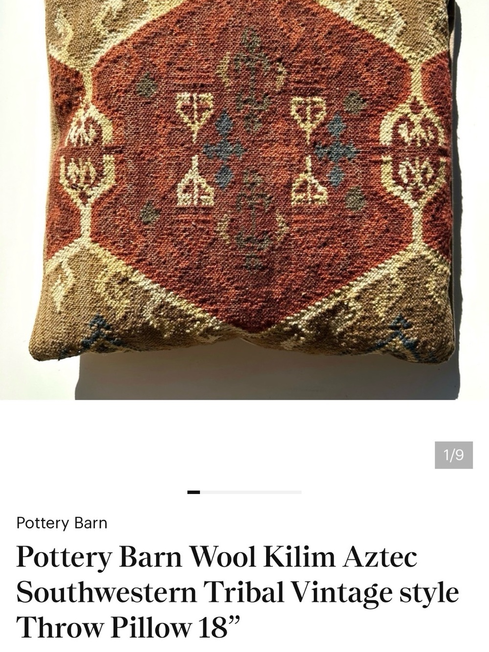 Pottery Barn Wool Kilim Aztec Southwestern Tribal Vintage style Throw Pillow 18”
